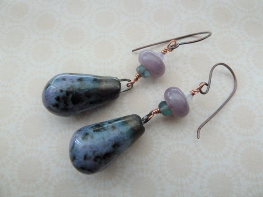SALE purple lampwork, ceramic and copper earrings