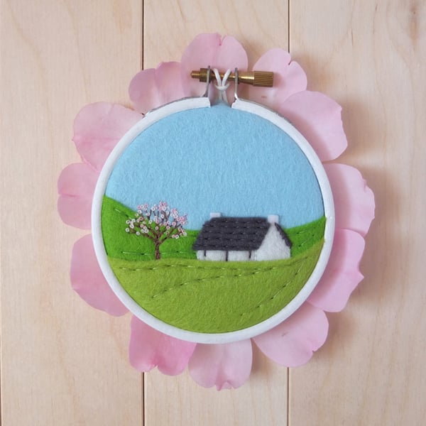 Spring Cottage with Blossom Tree Scottish Hand Embroidery Hoop Art Textile Art