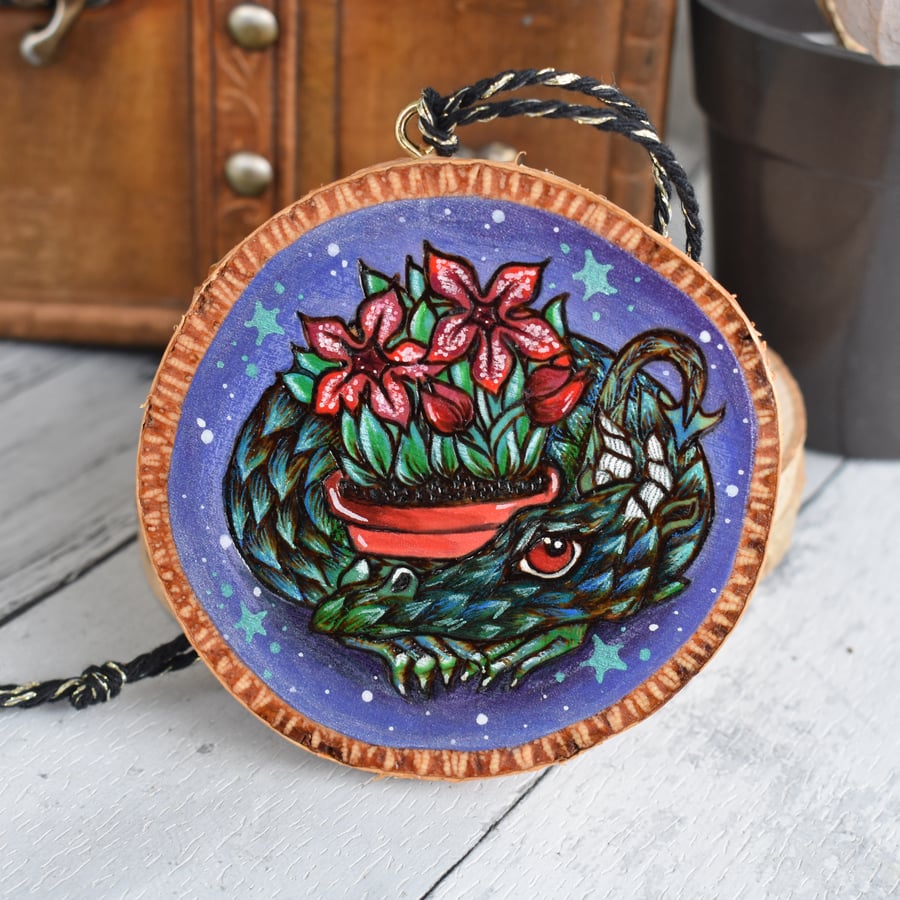 Houseplant Dragon Guardian Pyrography Hanging wood slice decoration