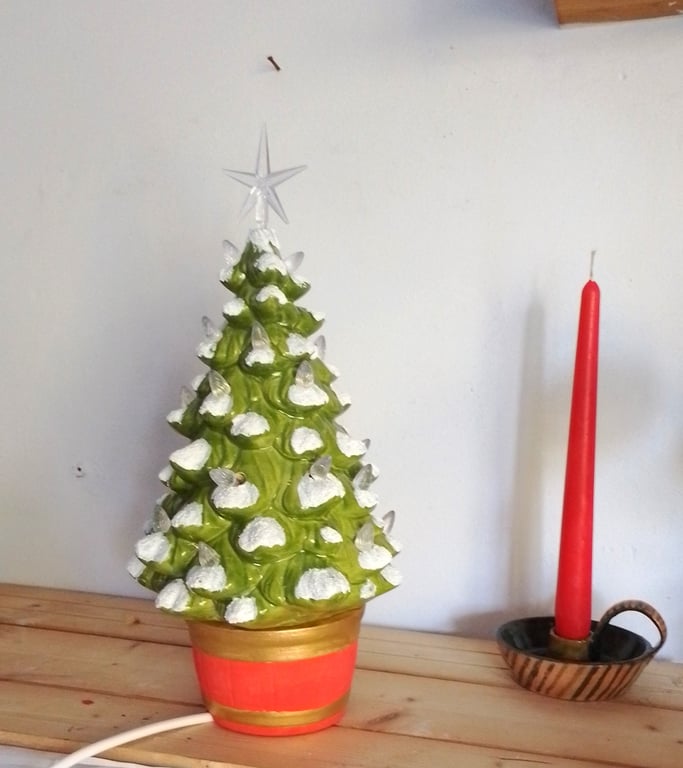 Christmas tree ceramic clear or white light up  electric lamp, vintage style