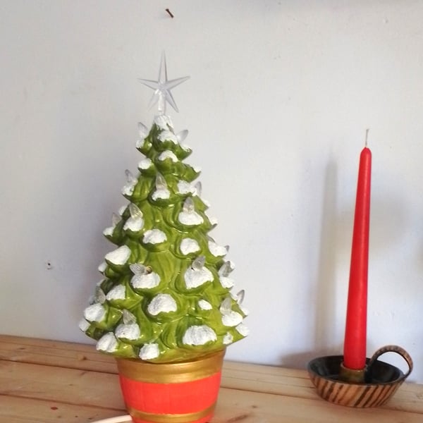 Christmas tree ceramic clear or white light up  electric lamp, vintage style