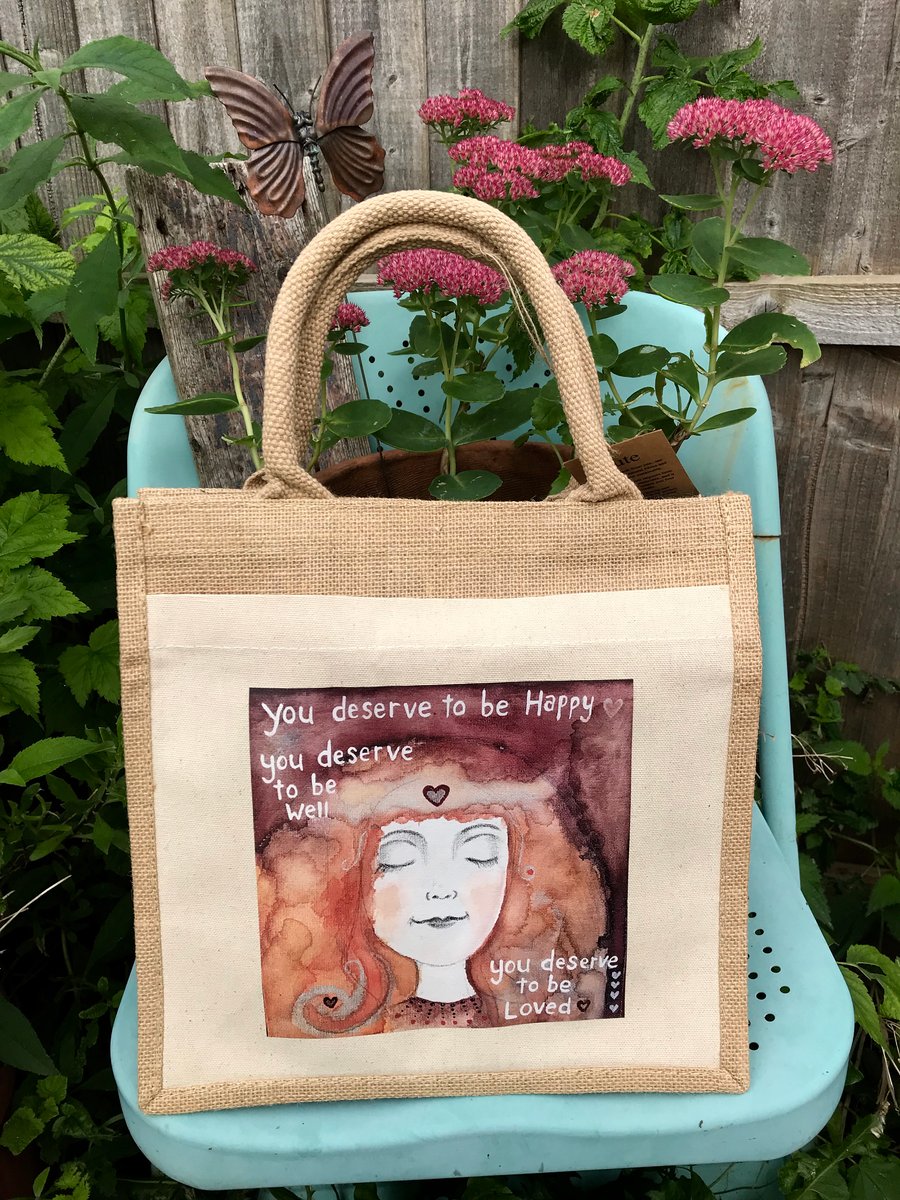 SALE! Jute Tote bag with my print "You deserve"