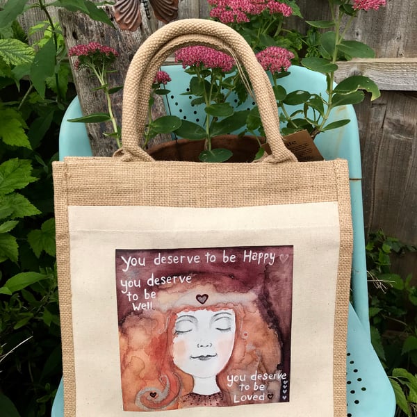 SALE! Jute Tote bag with my print "You deserve"