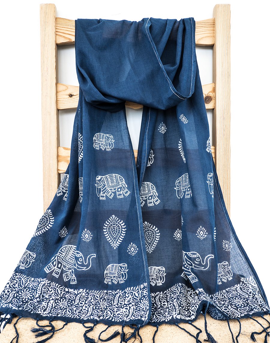 Handprinted Organic Cotton Elephant Scarf Long Tassles White Dark Blue Navy  
