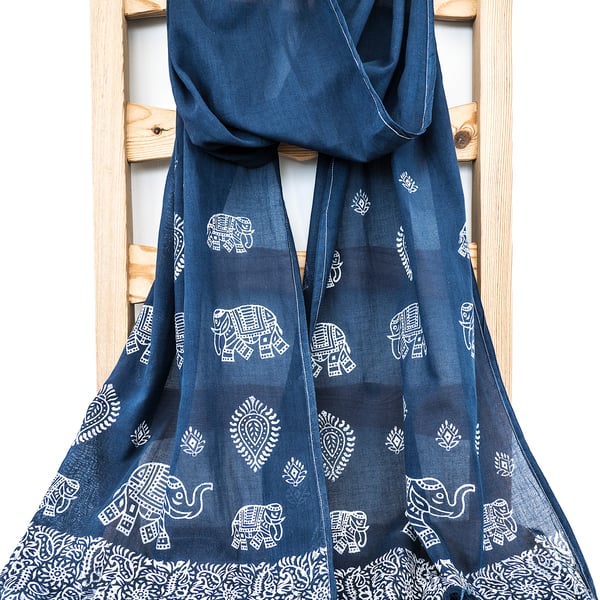 Handprinted Organic Cotton Elephant Scarf Long Tassles White Dark Blue Navy  