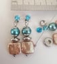 Blue oval & golden square cultured pearl, dangle earrings, cubic zirconia stud - Image 6