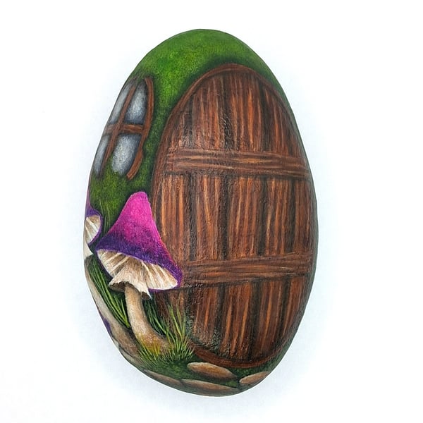 Fairy Door Paperweight Ornament with Purple Mushrooms Rock Painting