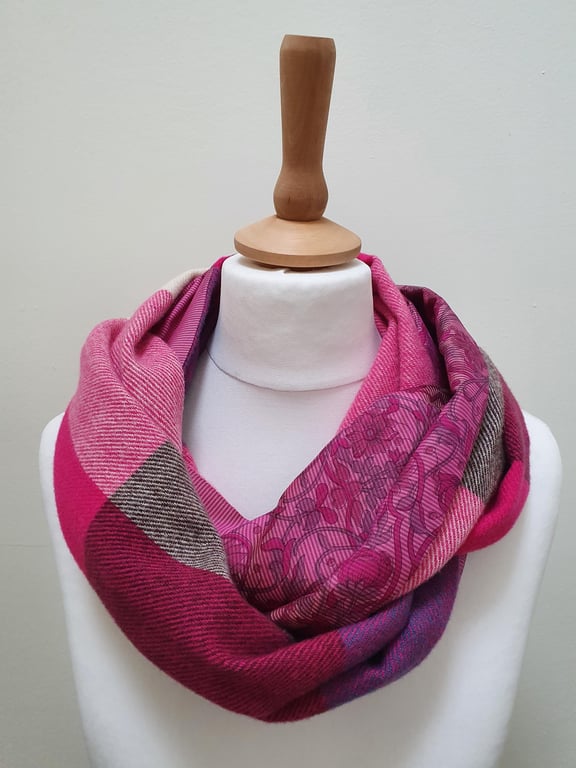 Sari silk and tweed double sided infinity scarf - snood. Shades of pink and ceri