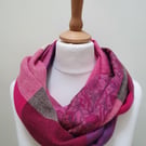 Sari silk and tweed double sided infinity scarf - snood. Shades of pink and ceri