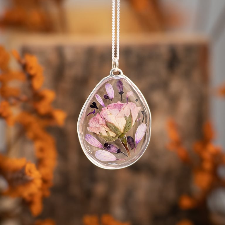 Real Rose Resin Pendant Necklace - Sterling Silver Floral Jewellery