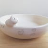 Ceramic bunny bowl with white rabbit hearts & paw prints feeder 4 mini pet lover