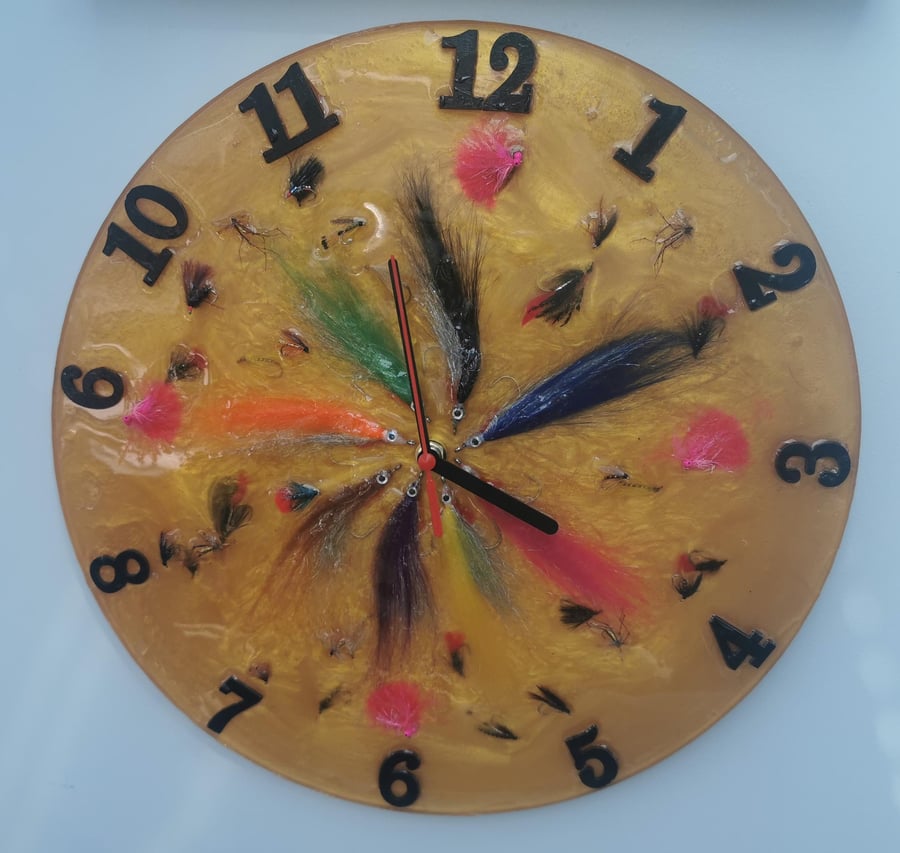 Large Gold Wall Clock, with real Fishing Flies