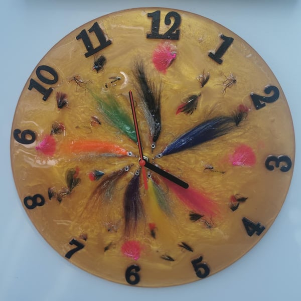 Large Gold Wall Clock, with real Fishing Flies