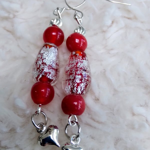 Red foiled glass & other beads with small Tibetan Silver heart charm EARRINGS