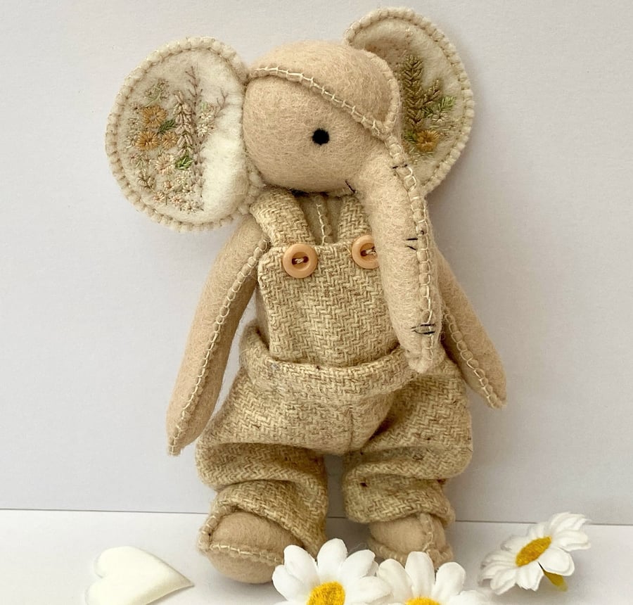 Elephant, hand sewn and dressed embroidered elephant, collectable artist bear