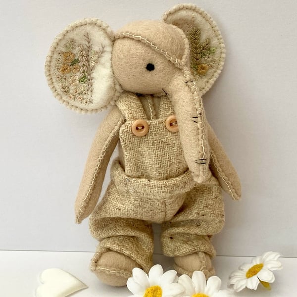 Elephant, hand sewn and dressed embroidered elephant, collectable artist bear