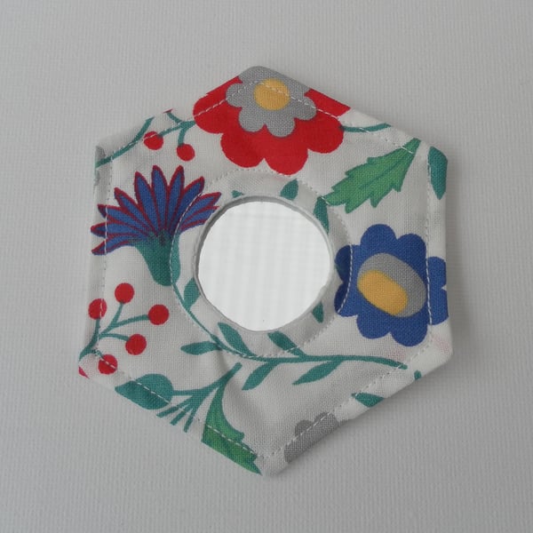 Handbag Mirror, Fabric, Hexagonal, Multi-coloured Floral on White