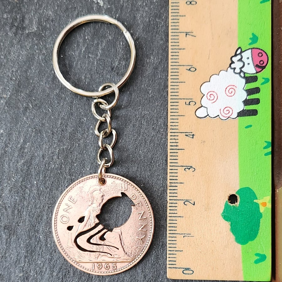 Keyring - Aquarius symbol pierced into 1965 penny coin