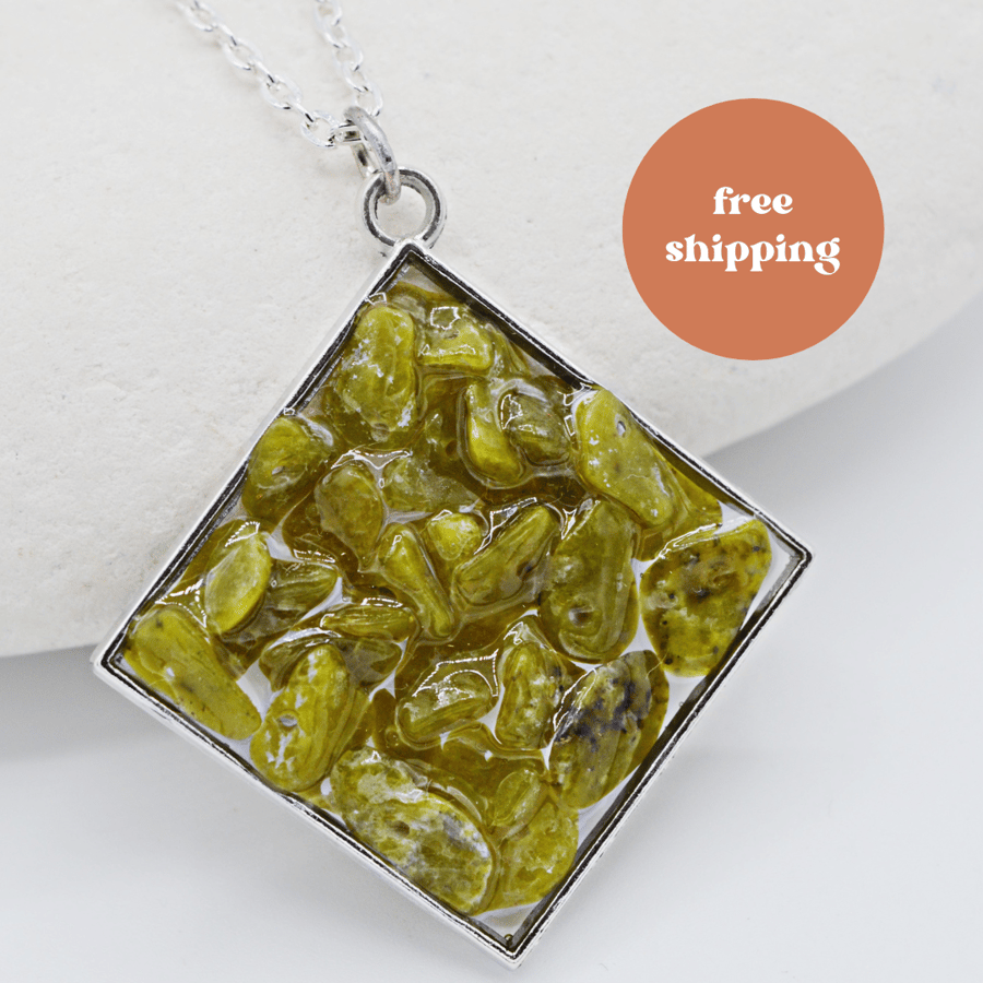 Peridot Silver-plated Square Worry Stone Necklace - Free Postage