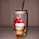 Christmas Highland Cow 16oz Frosted Glass Libby Can with Bamboo Lid