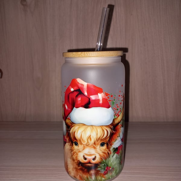 Christmas Highland Cow 16oz Frosted Glass Libby Can with Bamboo Lid