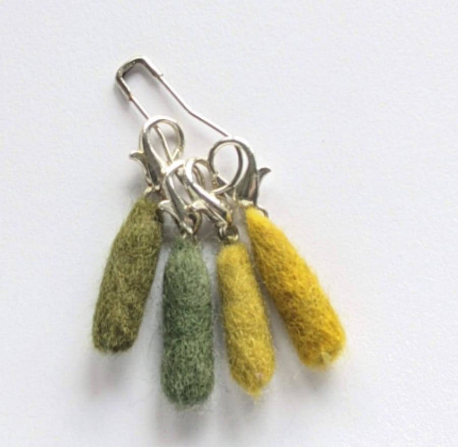Felted stitch markers for knit or crochet - set of 4 olives and greens