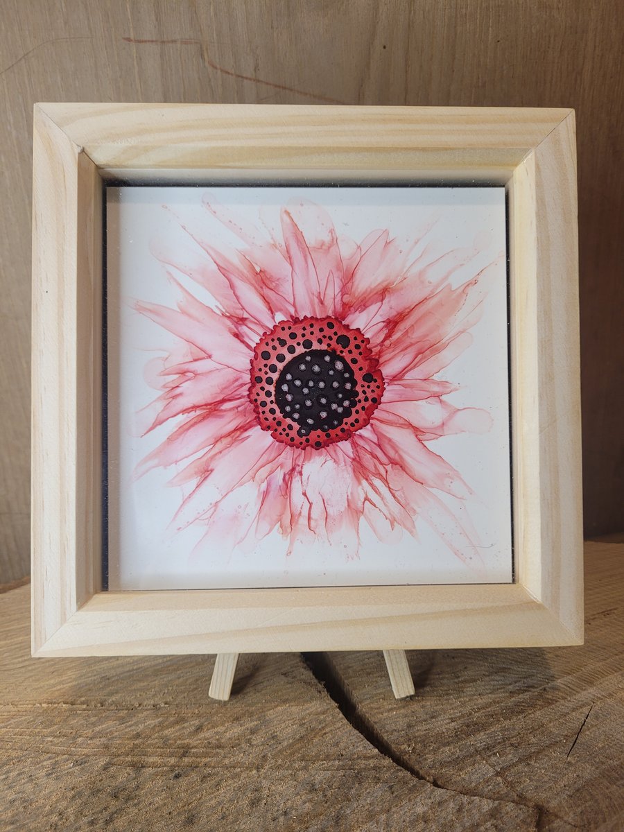 Red and Black flower alcohol ink framed tile