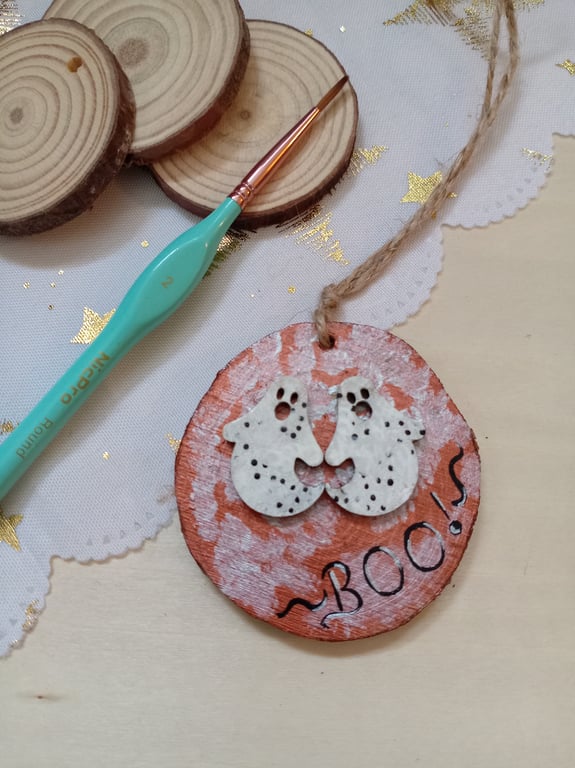 2 ghost hanging woodslice decoration 