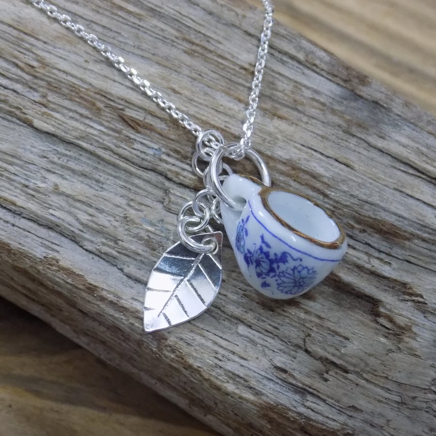 Sterling silver mini cup and leaf pendant , necklace 