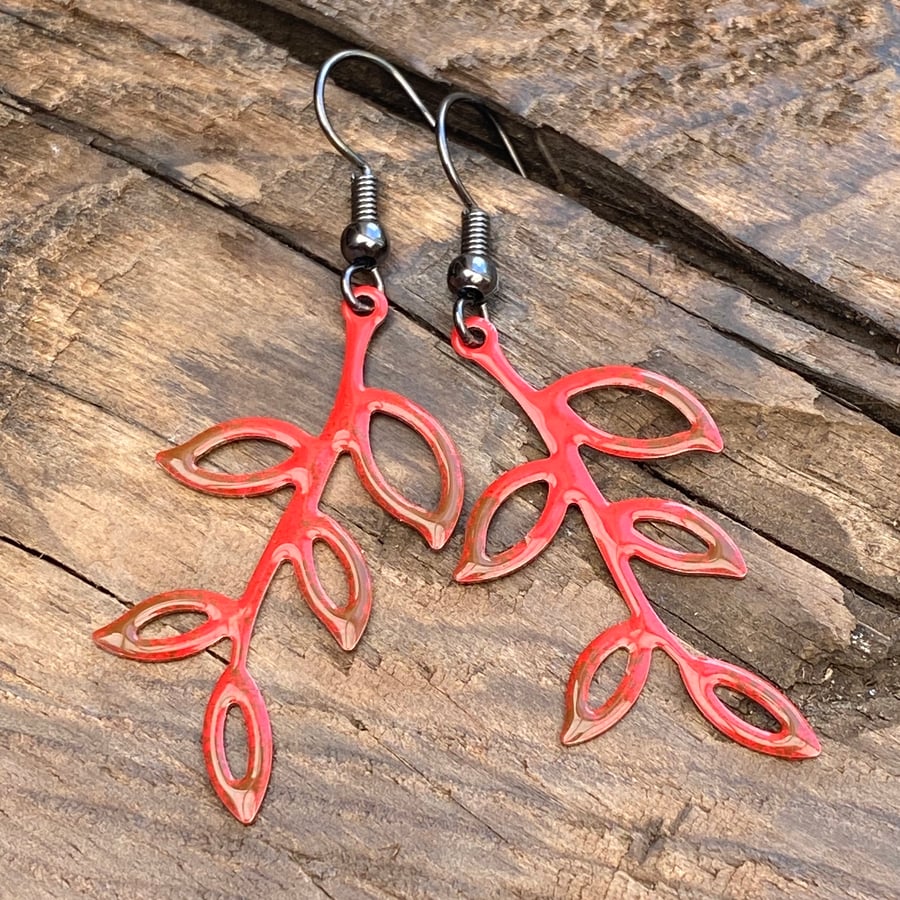 Leaf branch earrings. Hand enamelled leaves. Sterling Silver upgrade available. 