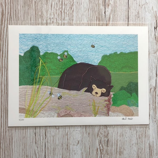 Sleepy sun bear print - sun bear lying down with bumblebees