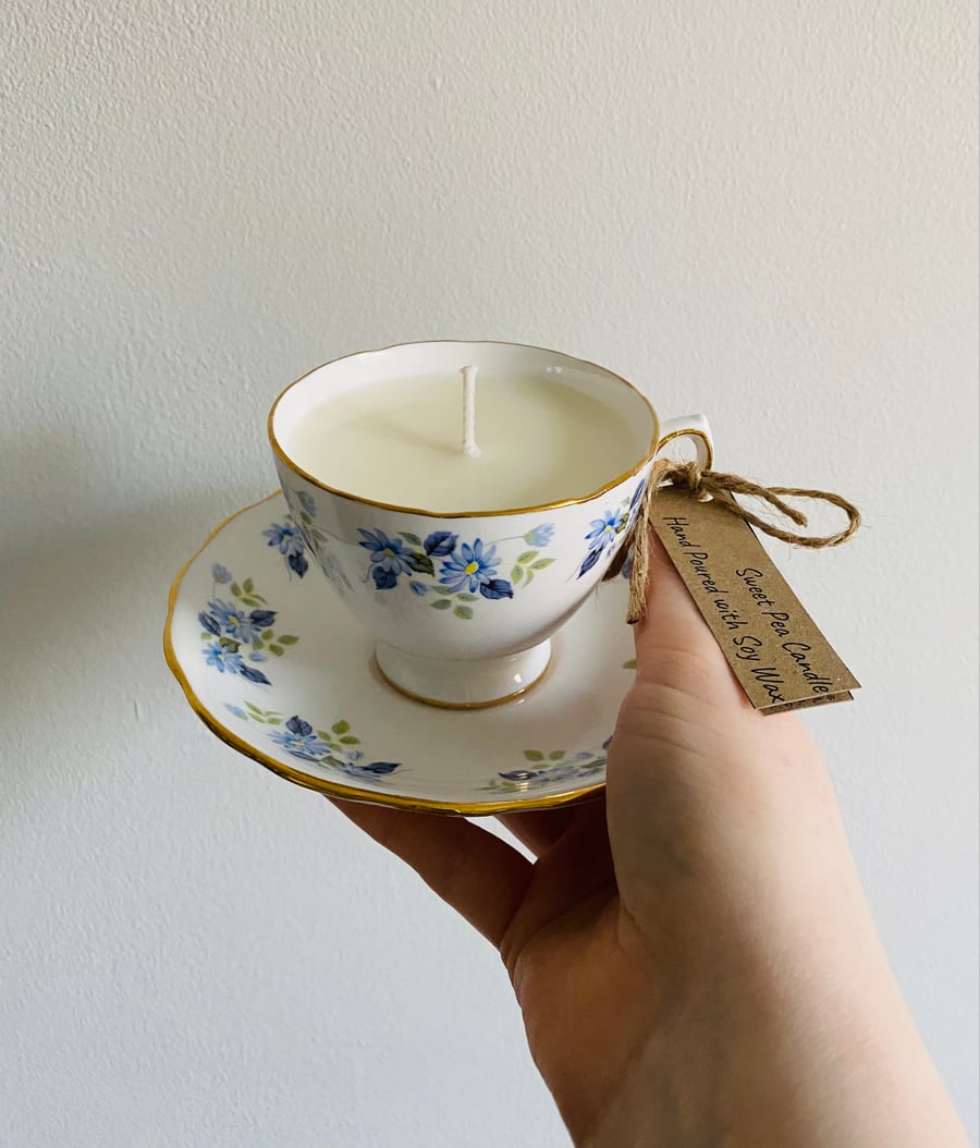 Sweet Pea Tea Cup Candle with Saucer