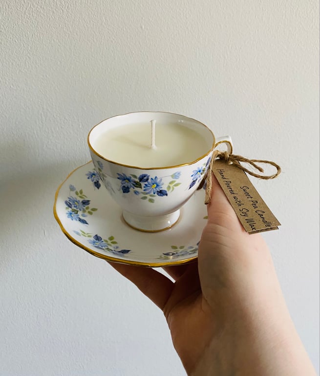 Sweet Pea Tea Cup Candle with Saucer