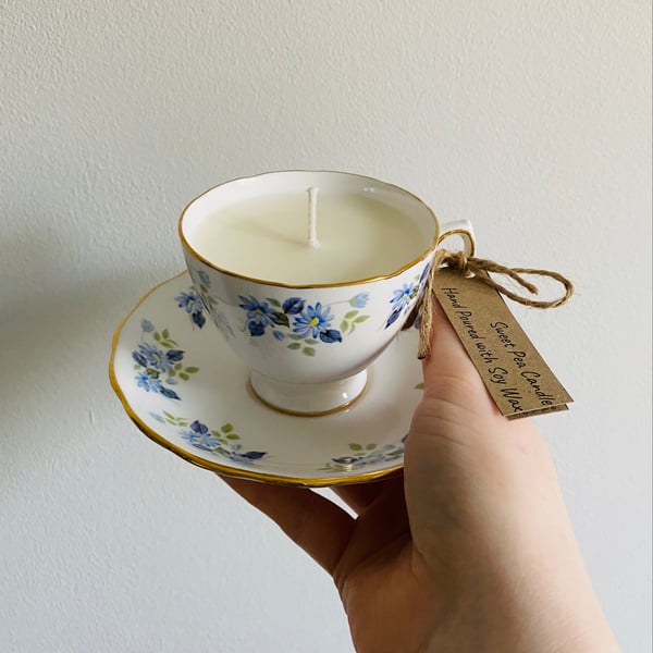 Sweet Pea Tea Cup Candle with Saucer