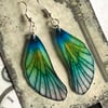 RESERVED K OAKLEY Blue and Green Shimmering Fairy Wing Sterling Silver Earrings