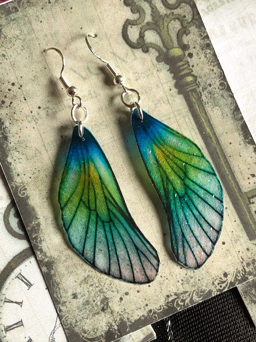 RESERVED K OAKLEY Blue and Green Shimmering Fairy Wing Sterling Silver Earrings