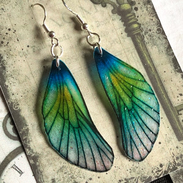 RESERVED K OAKLEY Blue and Green Shimmering Fairy Wing Sterling Silver Earrings