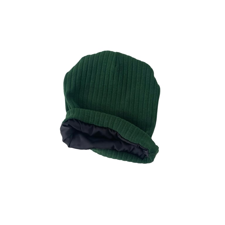 Green knit fabric satin lined slouchy beanie hat Soft frizz free hair beanie 