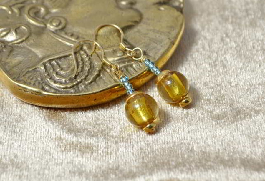 Aqua & Gold Murano Glass Earrings