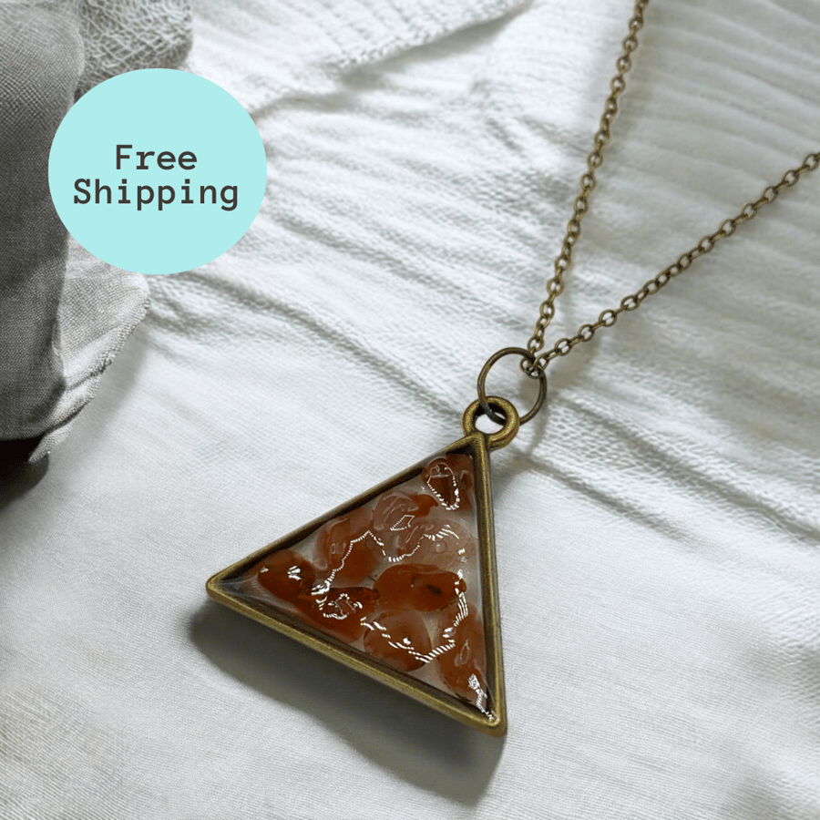 Carnelian Antique Brass plated Triangle Worry Stone Necklace - Free Postage