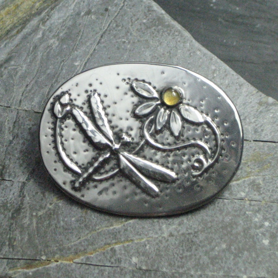 Dragonfly Citrine Brooch in Silver Pewter