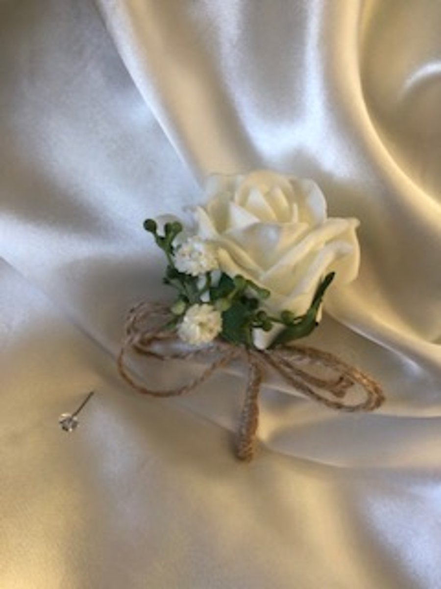 Rustic Twine Ivory Rose Spray Wedding Boutonniere Butttonhole - Pin Included!