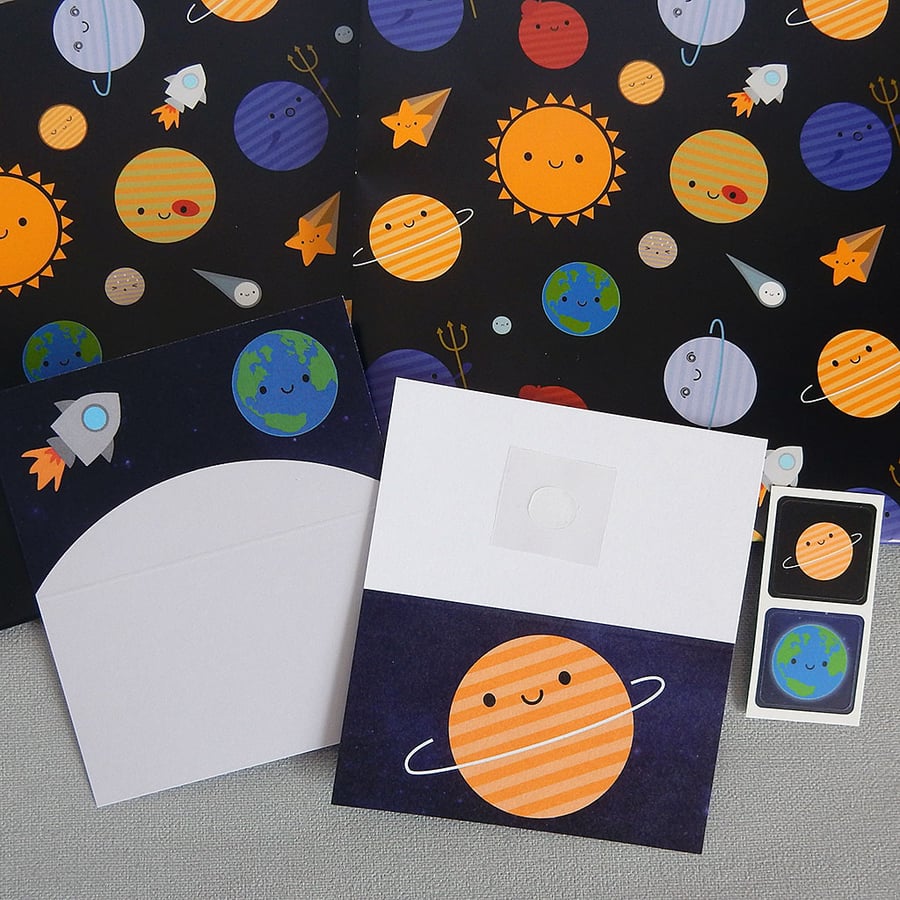 Gift Wrap Set with Tags - Solar System Kawaii Planets