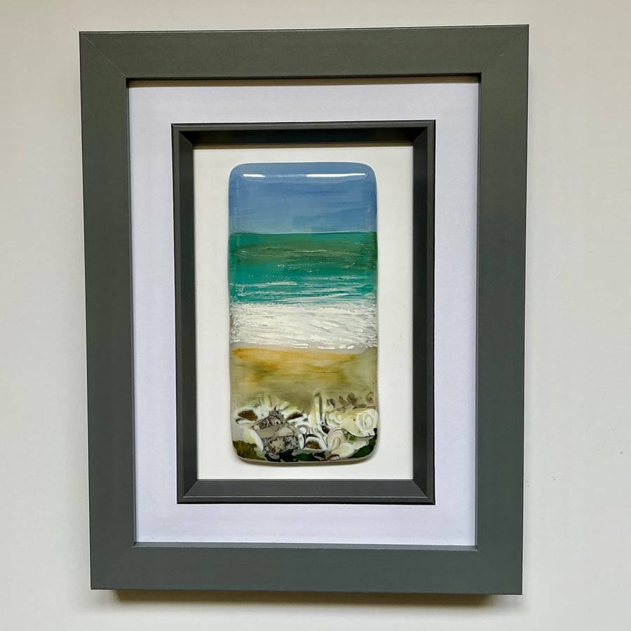 Fused glass mini framed panel, coastal shore, seascape scene, No 2