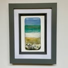 Fused glass mini framed panel, coastal shore, seascape scene, No 2