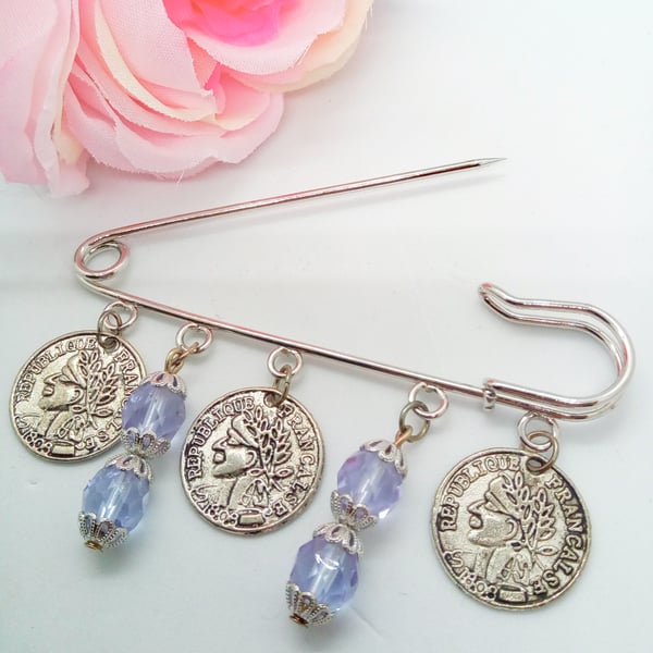 Ladies Kilt Pin Brooch with Lilac Crystals and Silver Plated Coin Charms