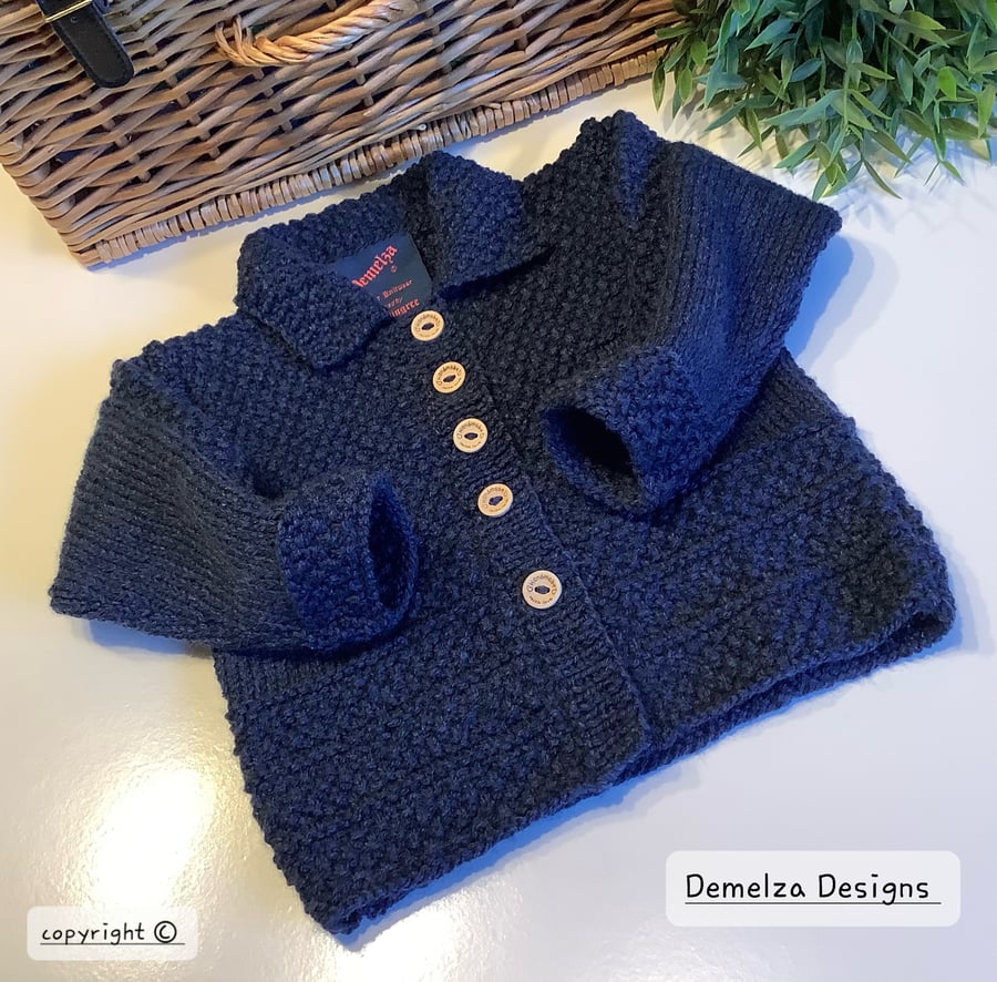 Textured Hand Knitted Long Length Cosy Denim Blue Cardigan 12-18 months size