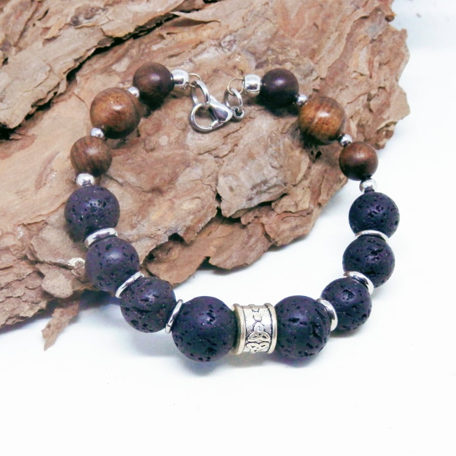 Stainless Steel Memory Wire Bracelet With Lava Beads And Sandalwood