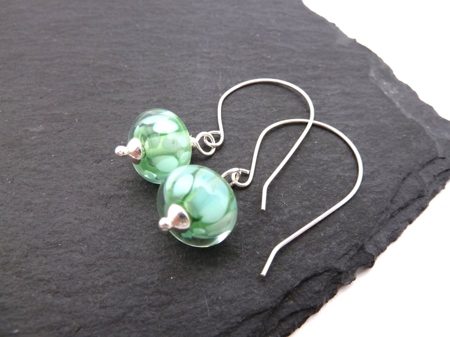 sterling silver earrings, green lampwork glass jewellery