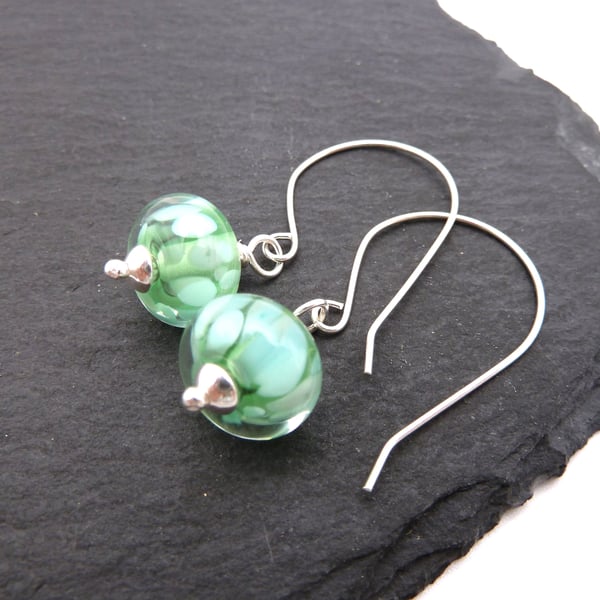 sterling silver earrings, green lampwork glass jewellery